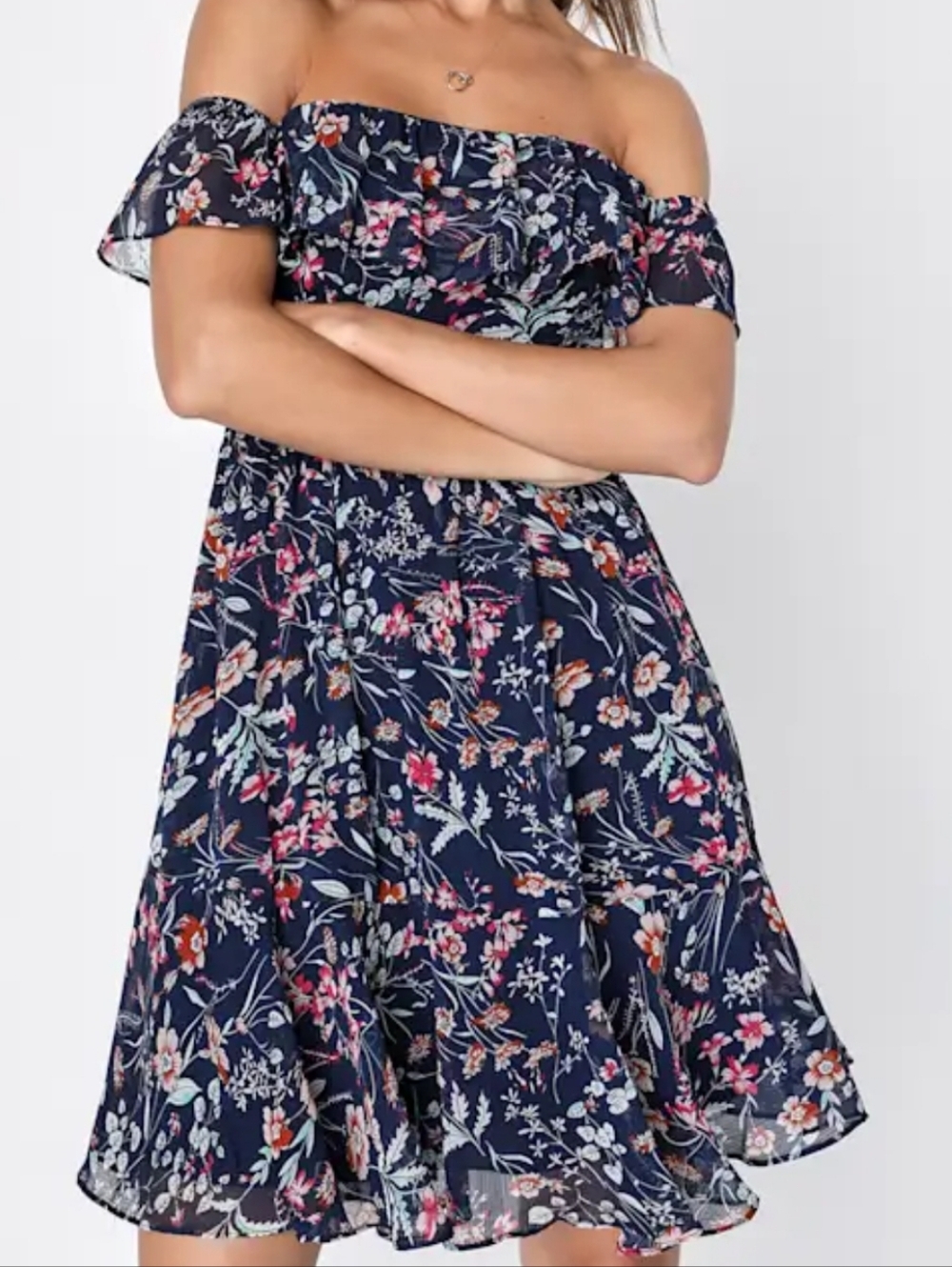 Lulus My Favorite navy floral off-shoulder mini sun dress